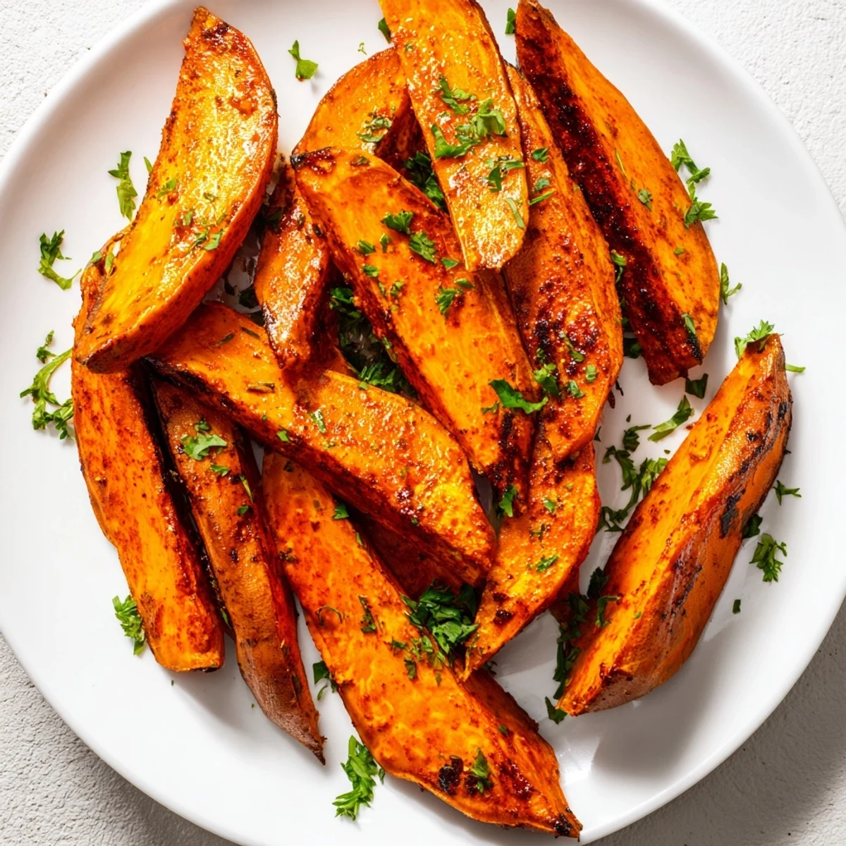 Golden roasted sweet potato wedges with paprika sit crisp on a platter, ready to be dipped in creamy garlic yogurt.