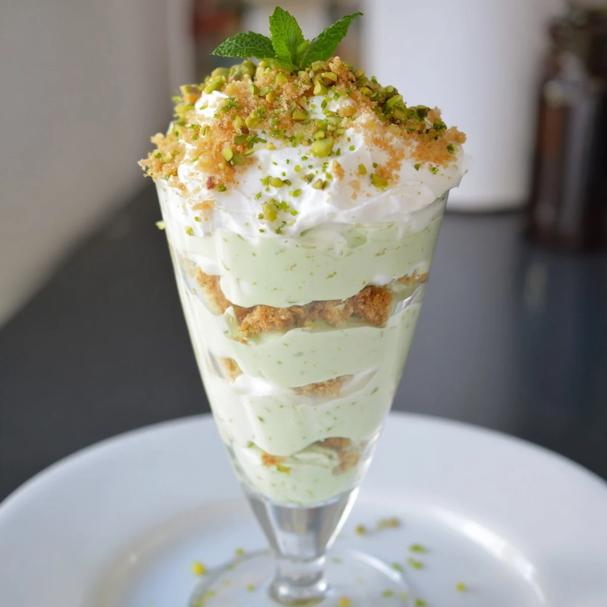 Creamy layers of St. Patricks Day Pistachio Pudding Parfait with whipped cream and crumbled shortbread cookies.