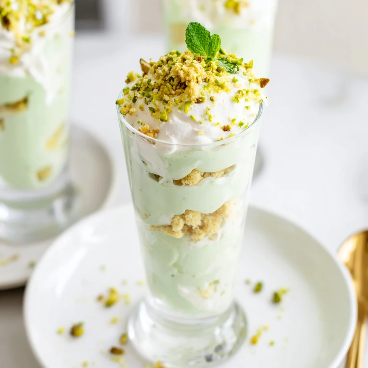 St. Patricks Day Pistachio Pudding Parfait served in a clear glass, topped with chopped pistachios and mint.