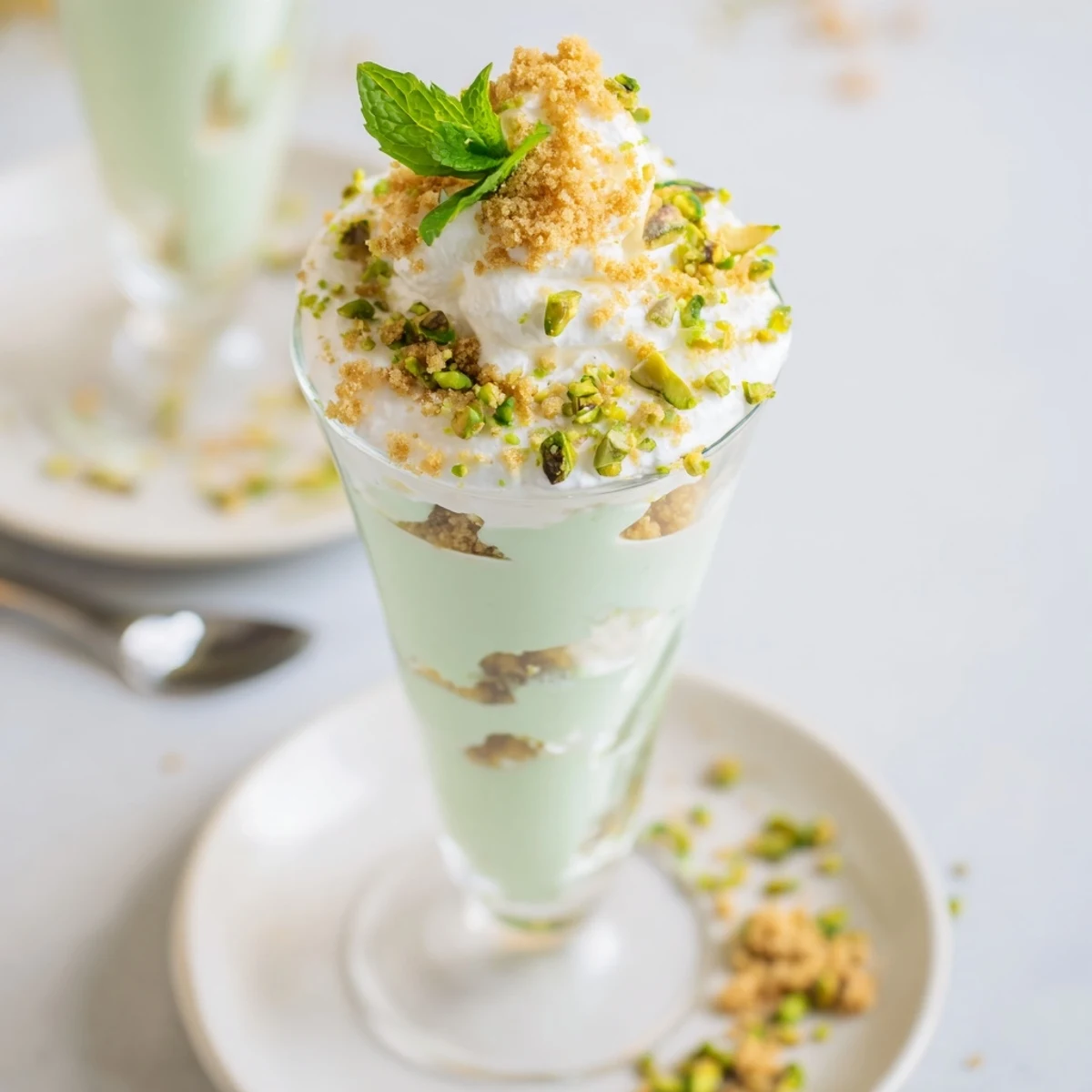 A festive green St. Patricks Day Pistachio Pudding Parfait with cookie crumbs and a dollop of whipped cream.