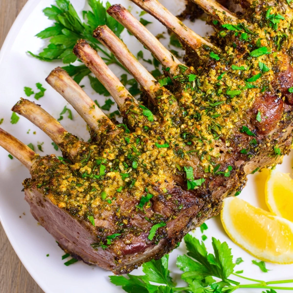 Freshly roasted Romantic Roasted Rack of Lamb served with lemon wedges on a rustic platter for two.