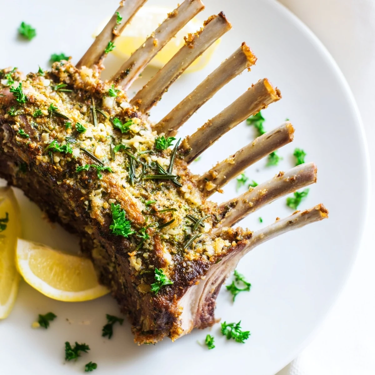 A perfectly roasted rack of lamb garnished with fresh rosemary and thyme, ready to slice for a romantic dinner.
