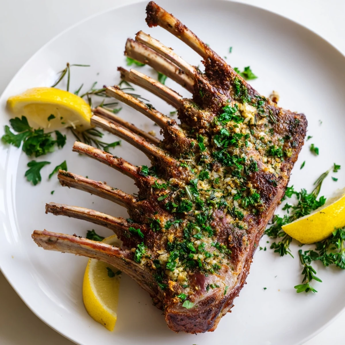 A juicy slice of Romantic Roasted Rack of Lamb, drizzled with herb juices and paired with a glass of red wine.