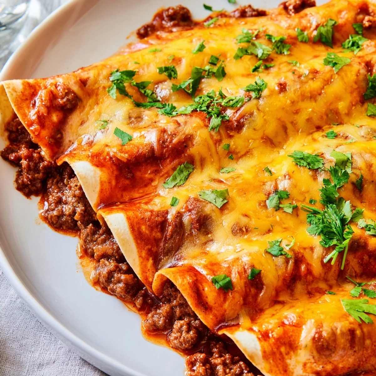 Close-up of Championship Beef Enchiladas with Red Sauce featuring tender ground beef filling and robust homemade red chili sauce.