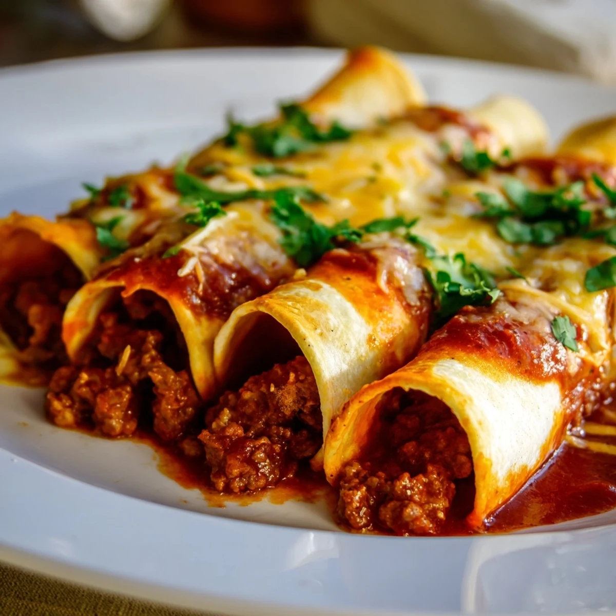 Golden-brown Championship Beef Enchiladas with Red Sauce, bubbling with melted Mexican cheese blend and garnished with fresh cilantro.