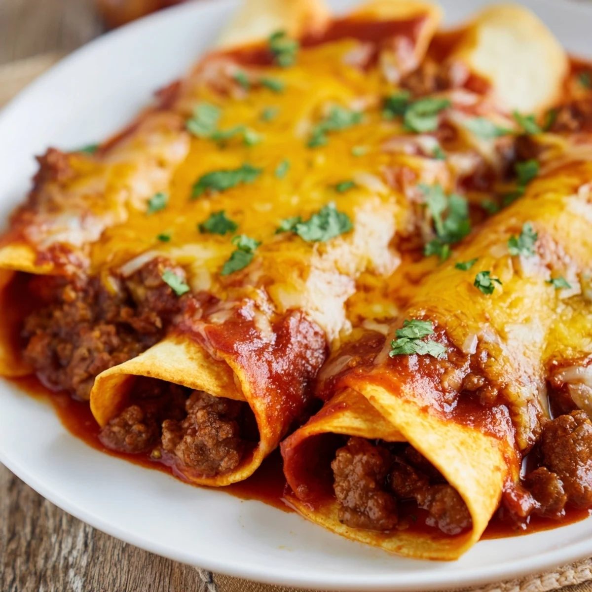Platter of Championship Beef Enchiladas with Red Sauce, served hot from the oven with sour cream and Spanish rice.