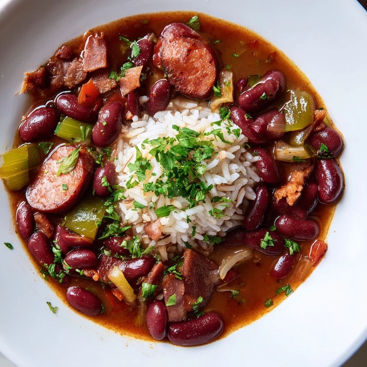 Creamy Louisiana Red Bean Soup served over a fluffy scoop of white rice with smoky sausage and fresh parsley garnish.