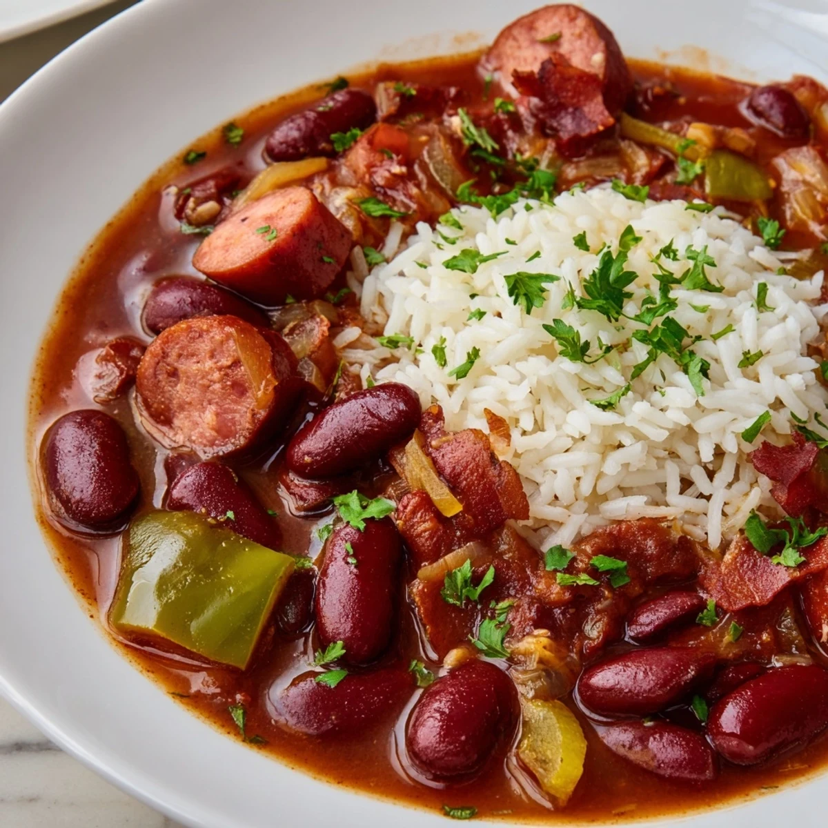Hearty bowl of Louisiana Red Bean Soup with Rice, featuring tender beans and a savory broth, perfect for weeknight dinners.