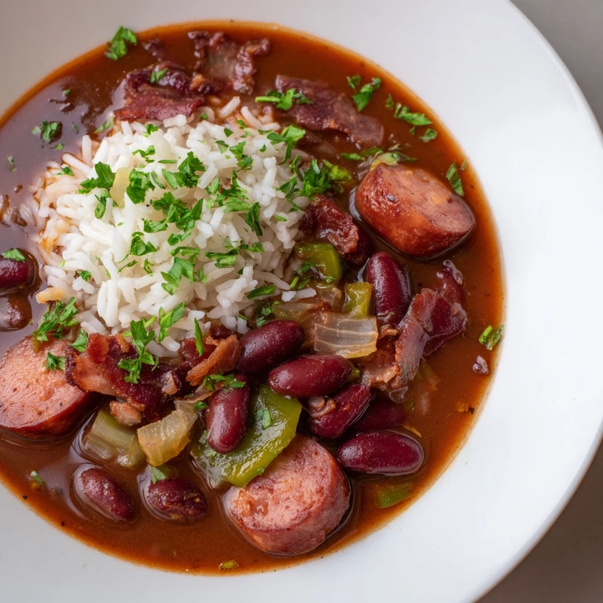 Rich Creole-inspired red bean soup simmering with diced vegetables and andouille sausage, ready to ladle over steaming rice.