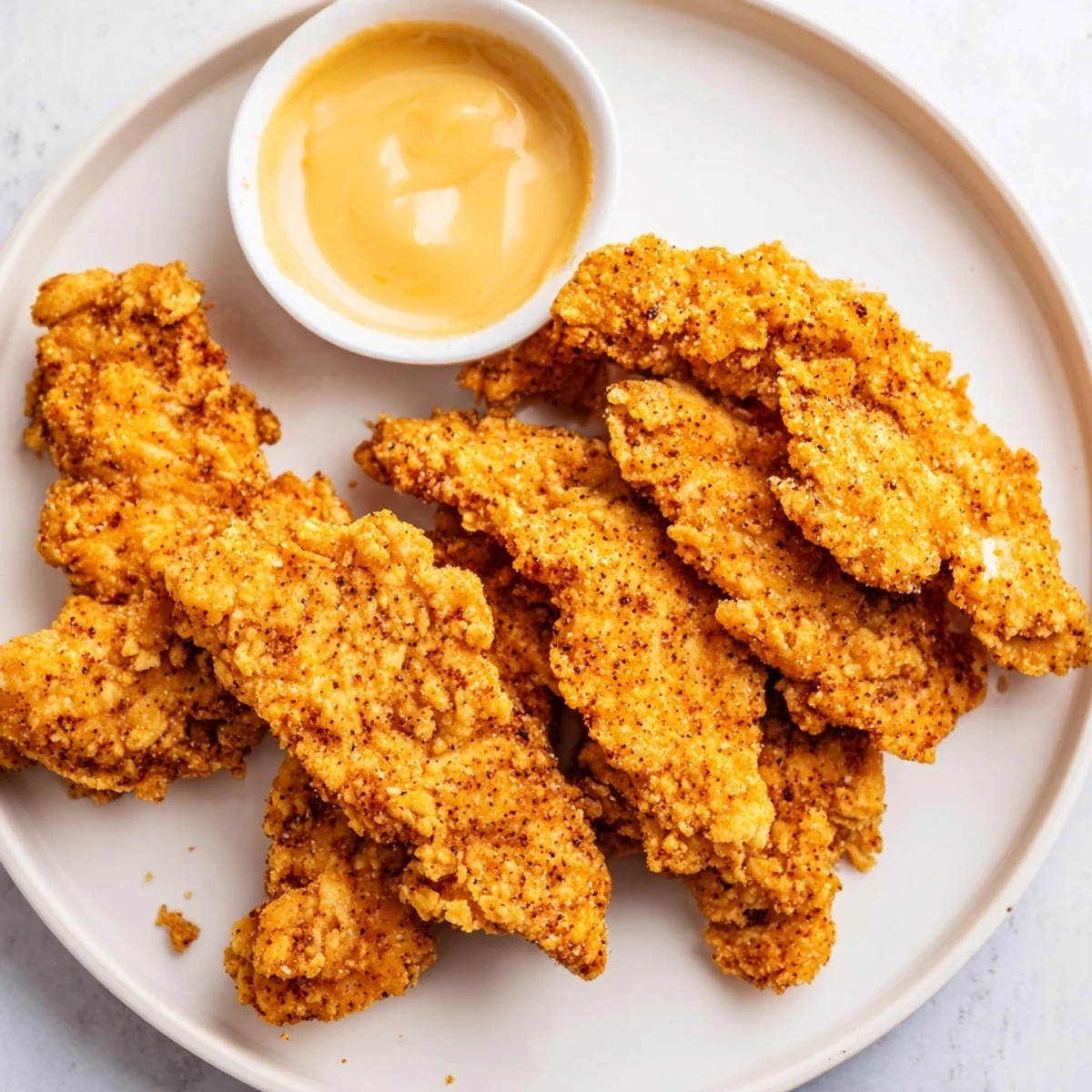 Golden-brown Game Day Crispy Chicken Strips with Honey dip arranged on a platter, ready for game day snacking.