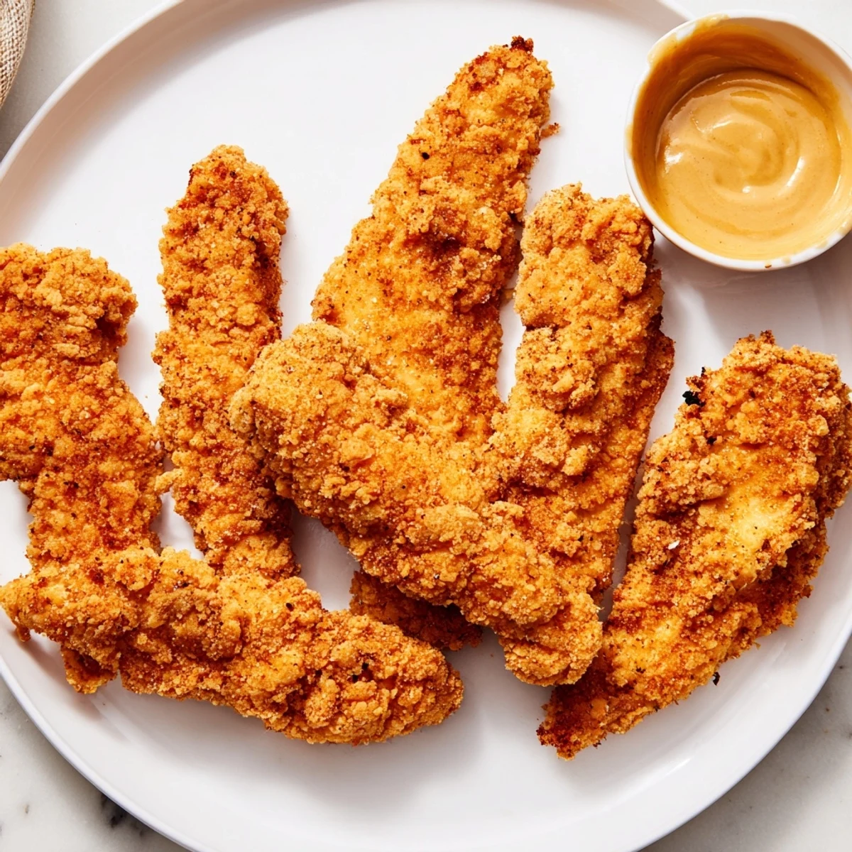 Game Day Crispy Chicken Strips with Honey served hot with a creamy honey mustard dip and fresh garnish.