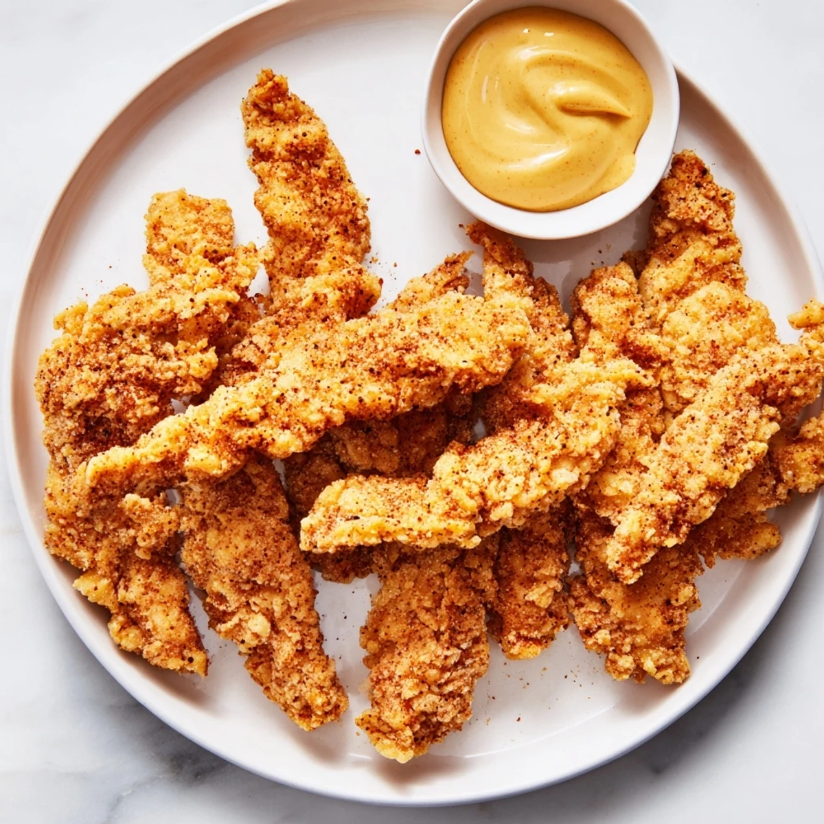 Close-up of crunchy Game Day Crispy Chicken Strips with Honey dip, perfect for a crowd-pleasing appetizer spread.