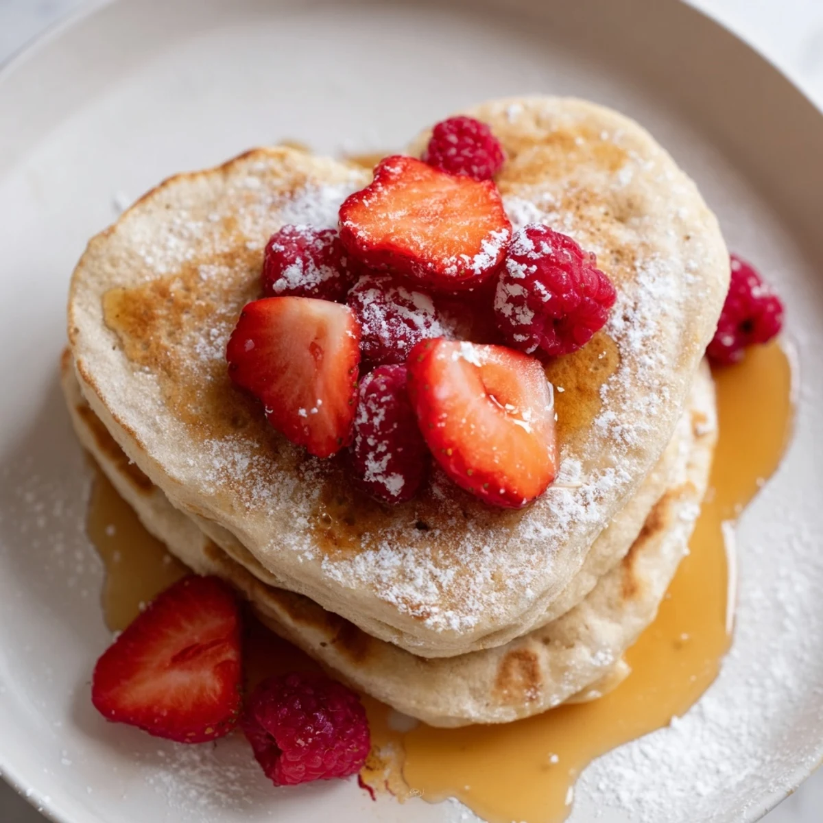 Golden-brown heart-shaped Valentine Breakfast in Bed Pancakes stacked high, topped with fresh strawberries and raspberries.