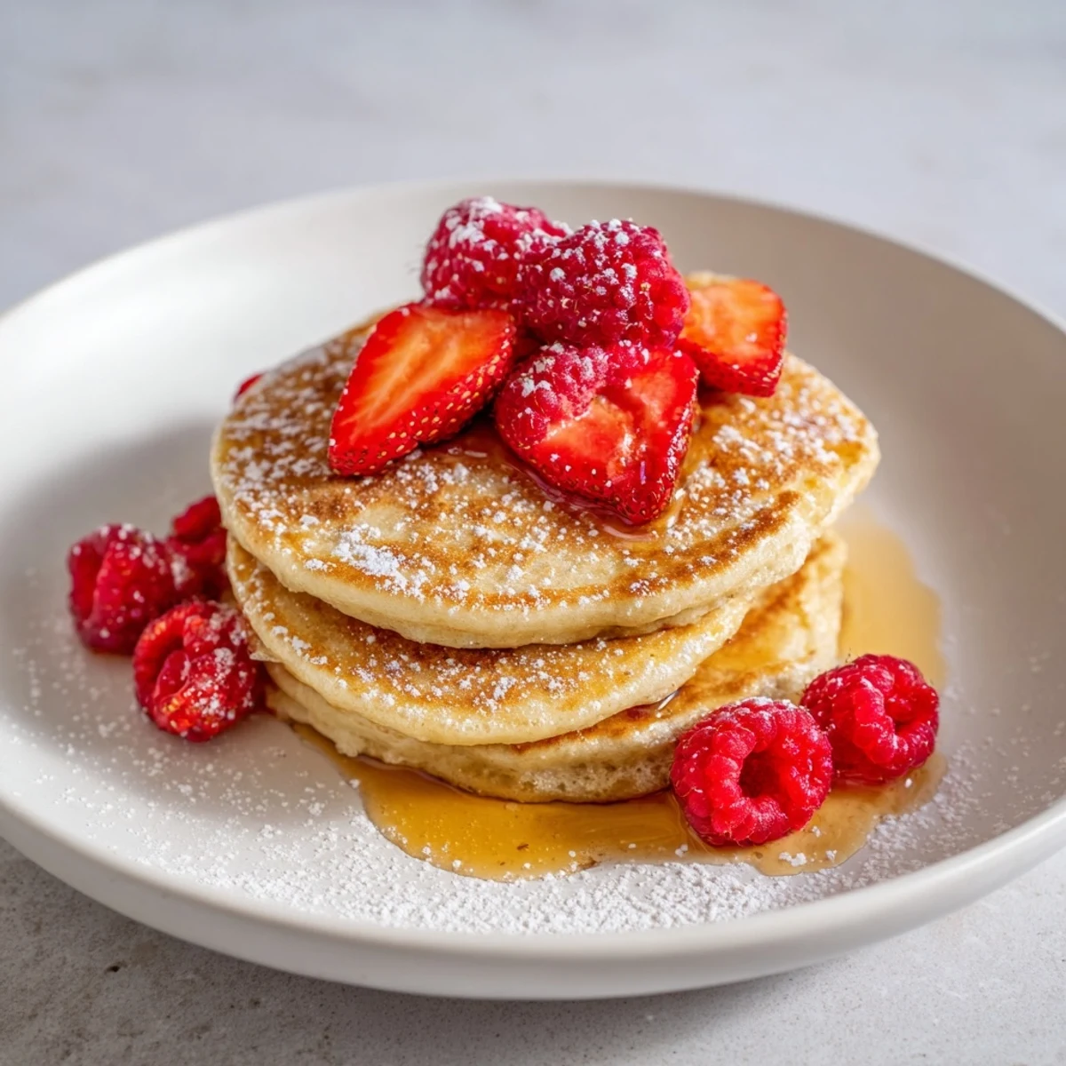 A close-up view of fluffy Valentine Breakfast in Bed Pancakes drizzled with maple syrup and powdered sugar.