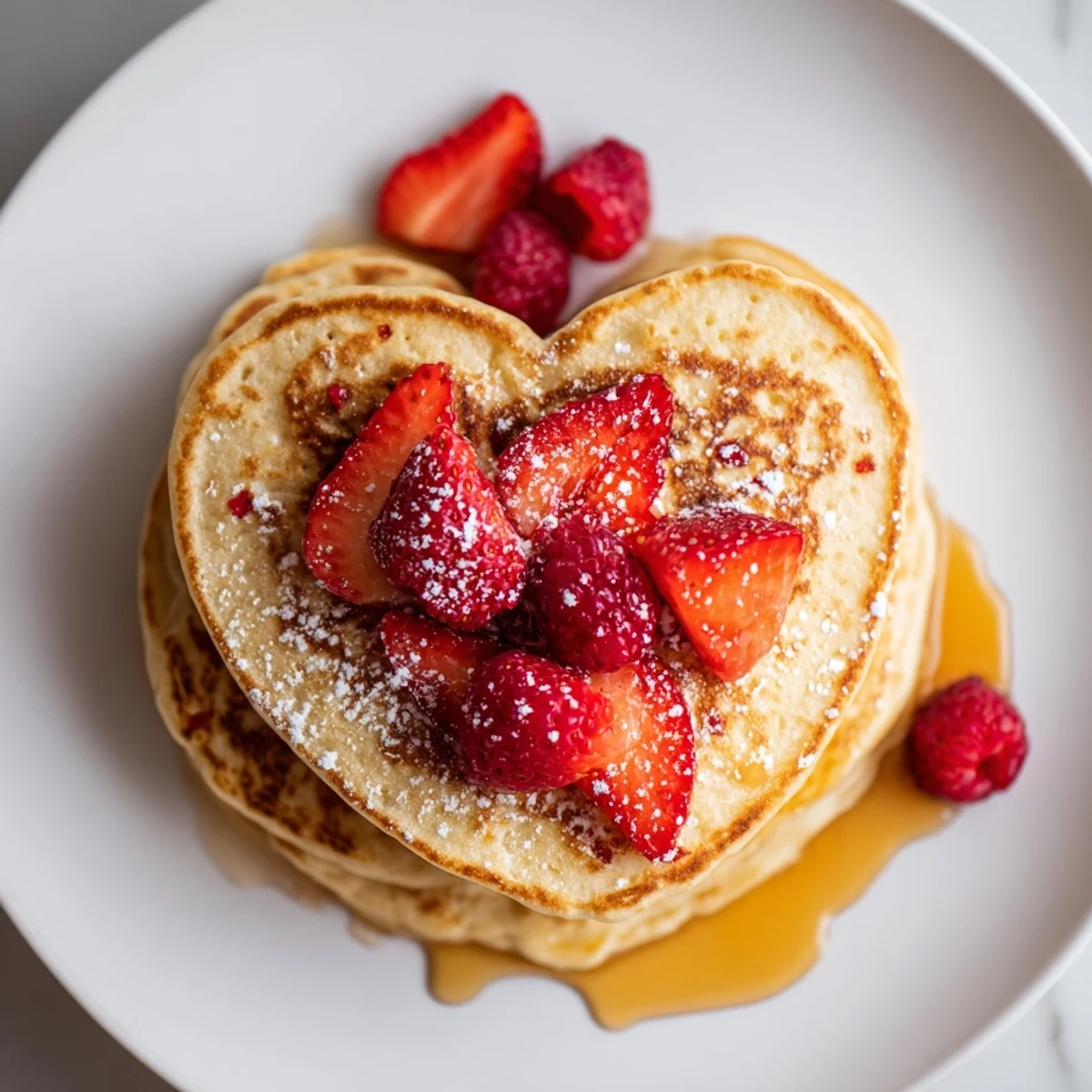 Plate of Valentine Breakfast in Bed Pancakes served with berries and a drizzle of sweet maple syrup.