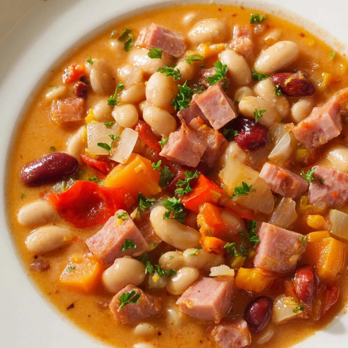 Steamy bowl of Creole Bean Soup with Turkey Ham, featuring tender beans, smoky ham, and colorful vegetables.  
