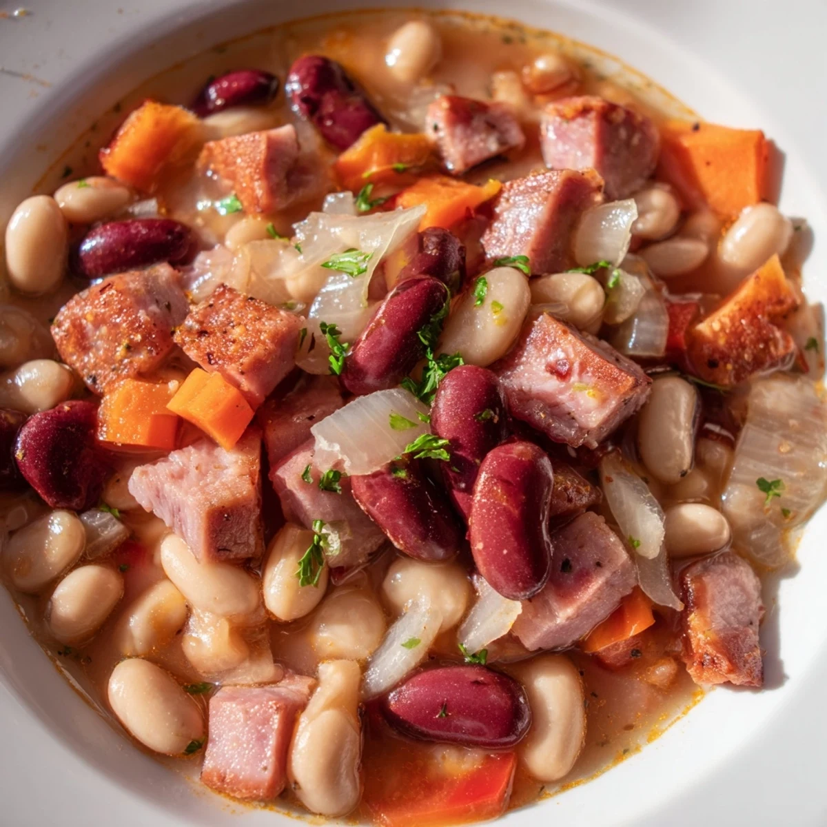 Serving suggestion for Creole Bean Soup with Turkey Ham alongside crusty bread on a rustic table.