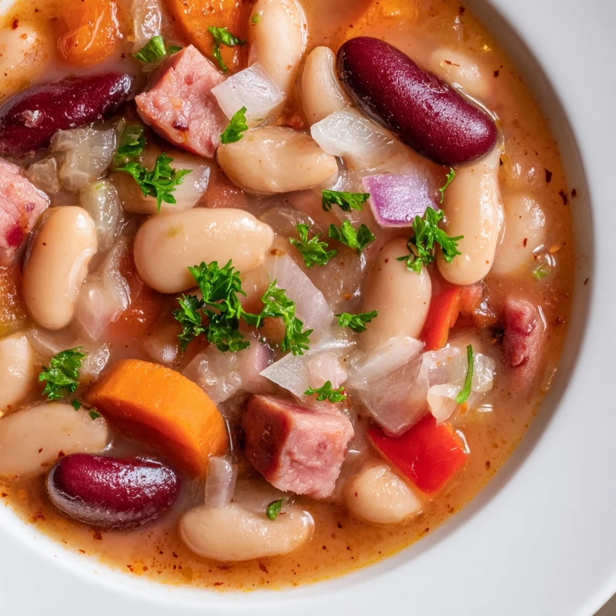 A spoon dips into hearty Creole Bean Soup with Turkey Ham, garnished with fresh parsley and hot sauce.  