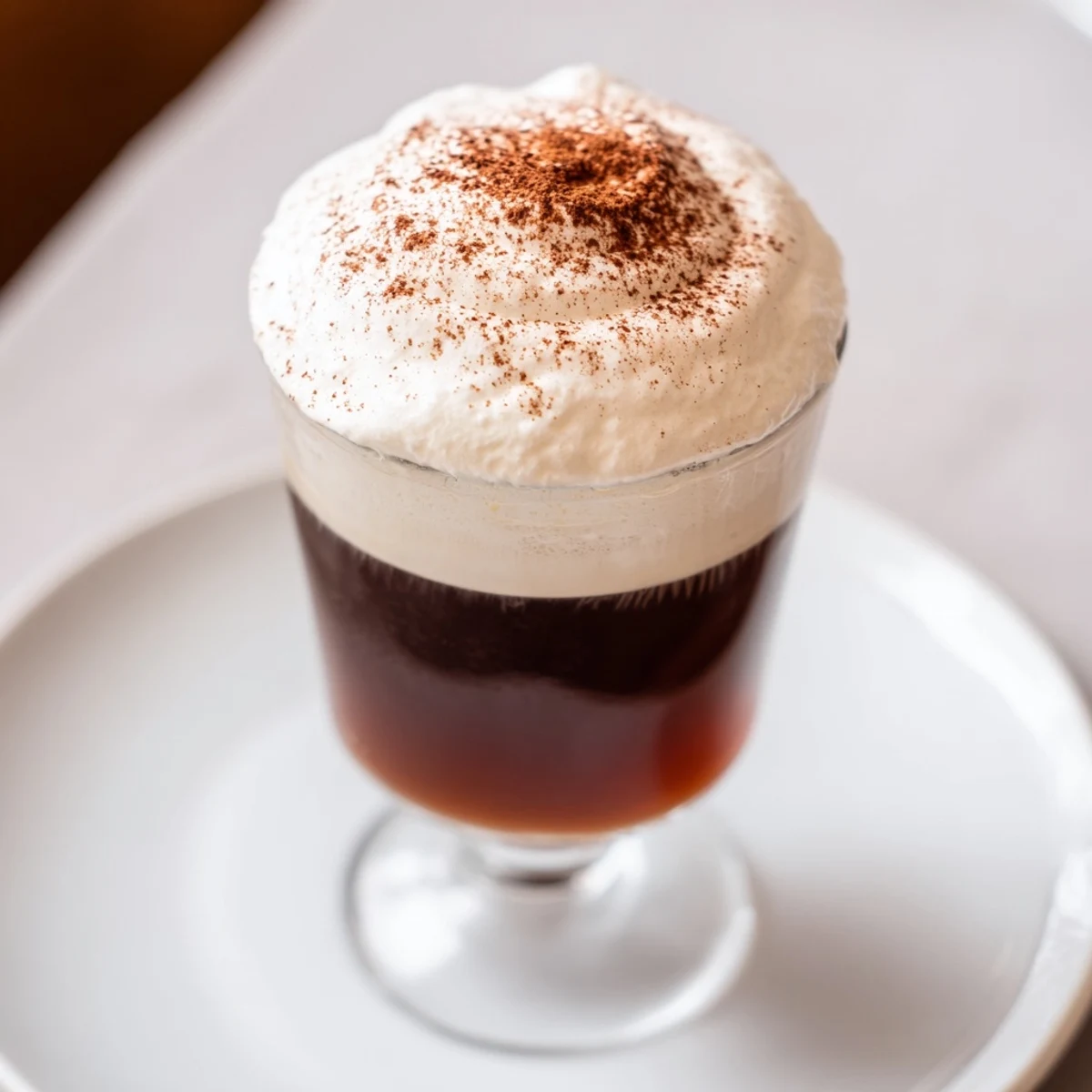 Steaming Irish Coffee Mocktail with a fluffy whipped cream topping and a dusting of cocoa powder in a clear glass.