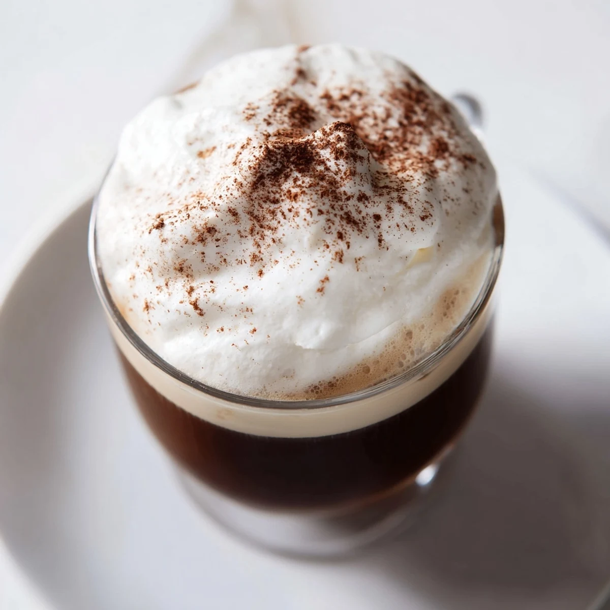 A close-up of the creamy Irish Coffee Mocktail, featuring rich coffee and a luxurious vanilla-scented whipped cream layer.