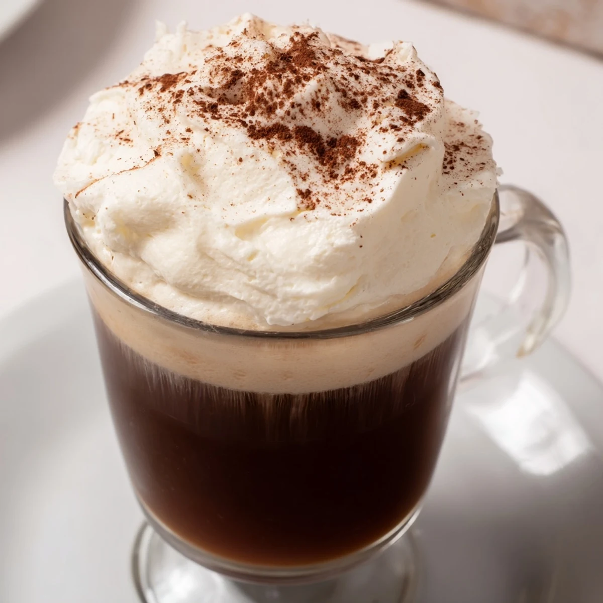 Two glasses of Irish Coffee Mocktail garnished with cocoa powder, ready to serve alongside crisp biscotti cookies for dipping.