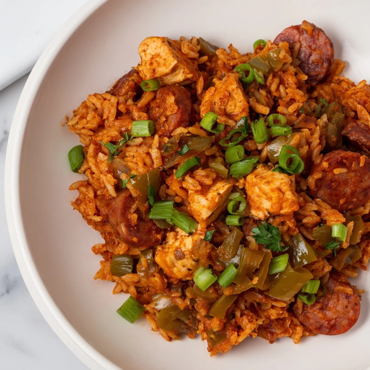 Vibrant Mardi Gras Chicken Jambalaya with Sausage steams in a Dutch oven, featuring colorful peppers, onions, and fluffy Creole-spiced rice for a festive main dish.  