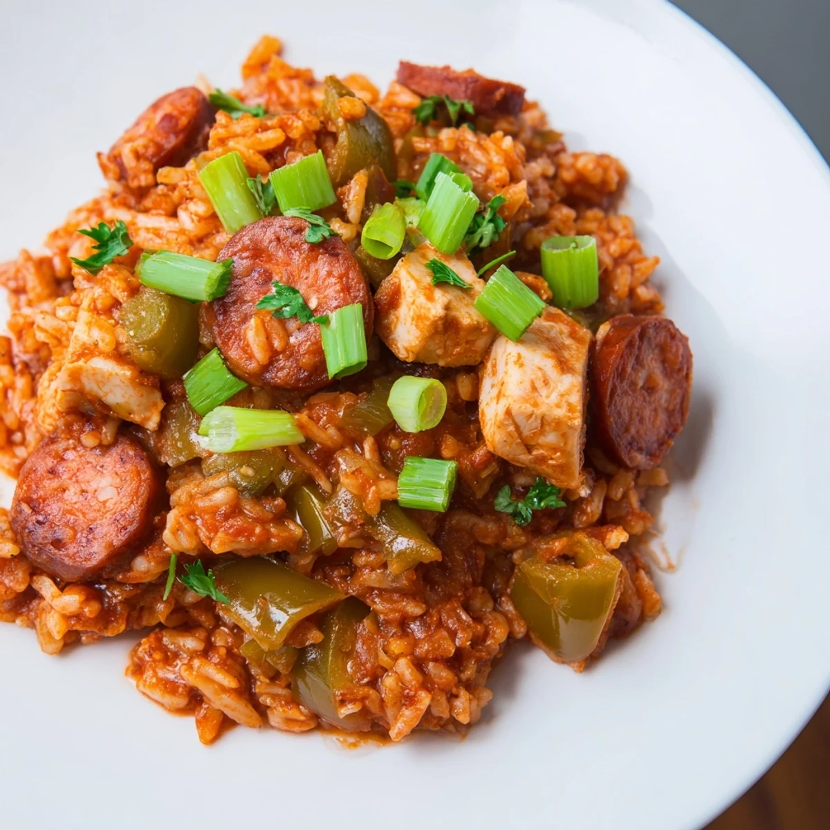 A close-up of hearty Mardi Gras Chicken Jambalaya with Sausage showcases juicy chicken, smoked sausage, and tender long-grain rice in a rich tomato-based broth.  