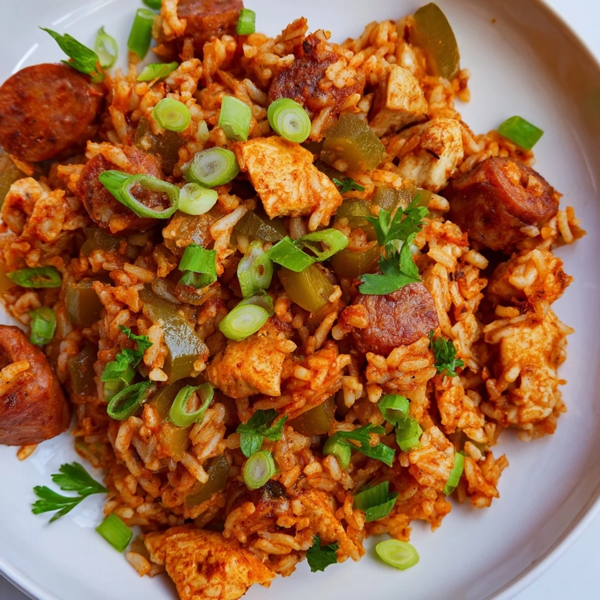 Serve this Mardi Gras Chicken Jambalaya with Sausage garnished with fresh parsley and green onions, alongside warm cornbread for a delicious Creole-style dinner.