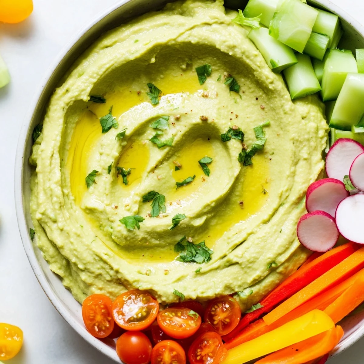 A vibrant platter of Green Avocado Hummus topped with paprika, served alongside colorful cherry tomatoes, celery, and radish slices for a healthy snack.  