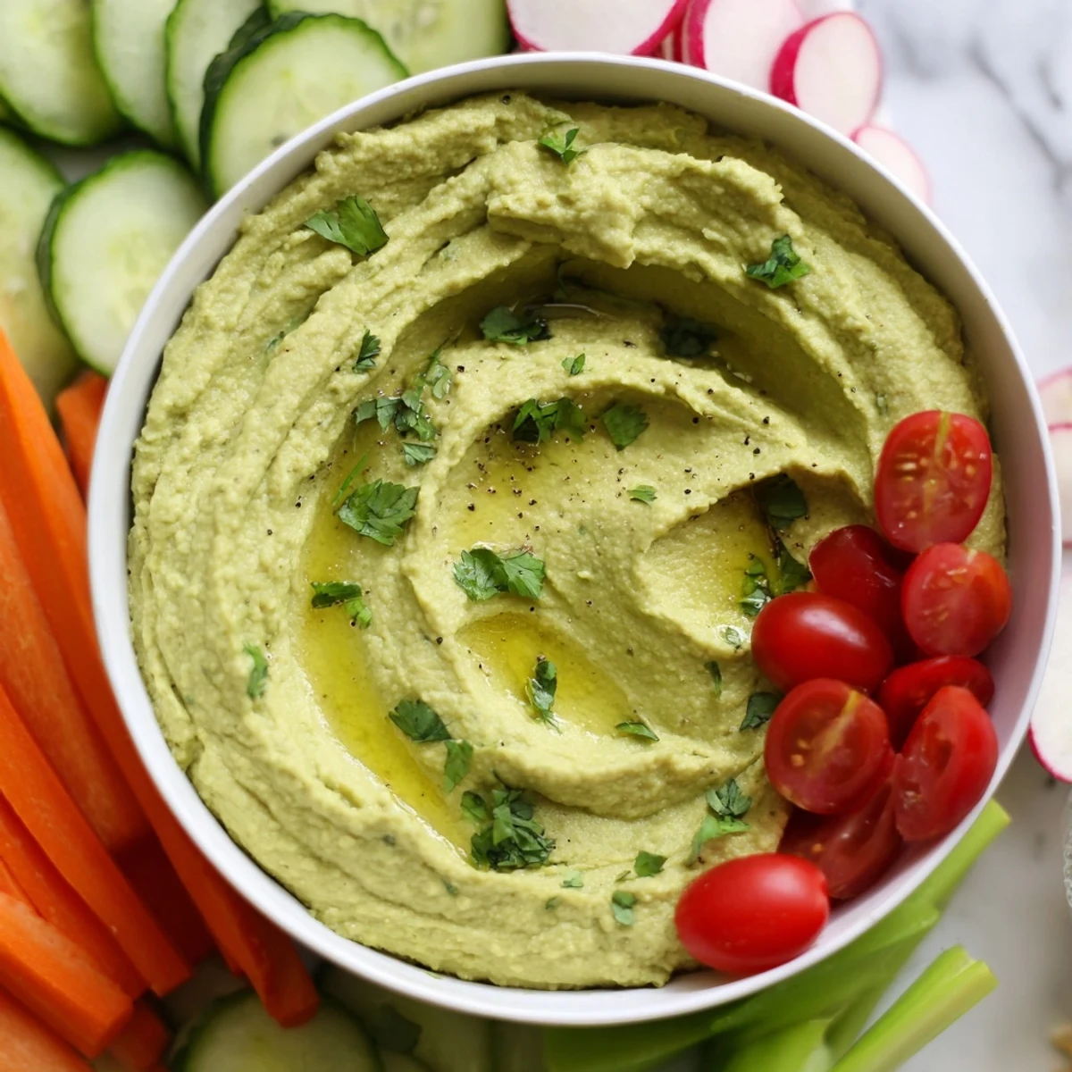 A bowl of creamy Green Avocado Hummus, garnished with olive oil and herbs, surrounded by fresh cucumber, carrot, and bell pepper sticks for dipping.  