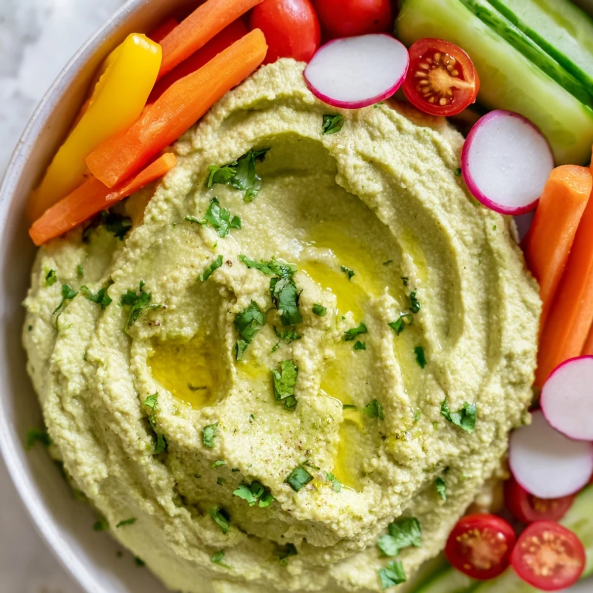 Smooth Green Avocado Hummus in a rustic bowl with a drizzle of olive oil, paired with a rainbow of fresh vegetable crudités for appetizers.