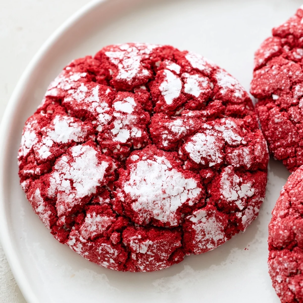 Freshly baked Red Velvet Crinkle Cookies on a wire cooling rack, with cracked tops and a snowy powdered sugar coating, ready to enjoy with milk.