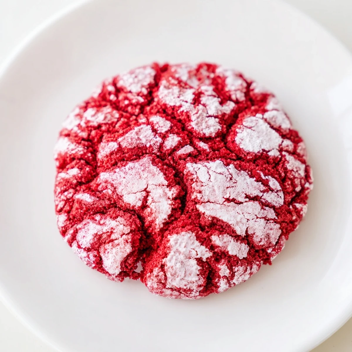 A close-up of a Red Velvet Crinkle Cookies bite showing the soft, chewy red interior and rich cocoa texture against a festive backdrop.