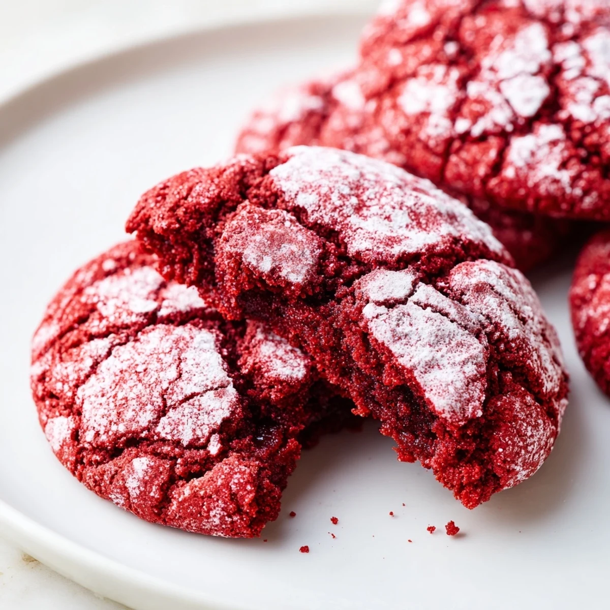 Festive Red Velvet Crinkle Cookies stacked on a white plate, dusted with powdered sugar, ideal for holiday dessert tables or sweet treats.