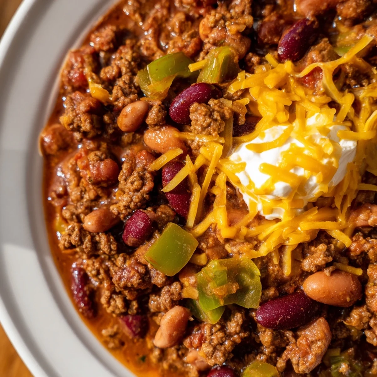 Bowl of hearty Tailgate Beef Chili with Beans topped with sour cream and sharp cheddar cheese, perfect for game day gatherings.