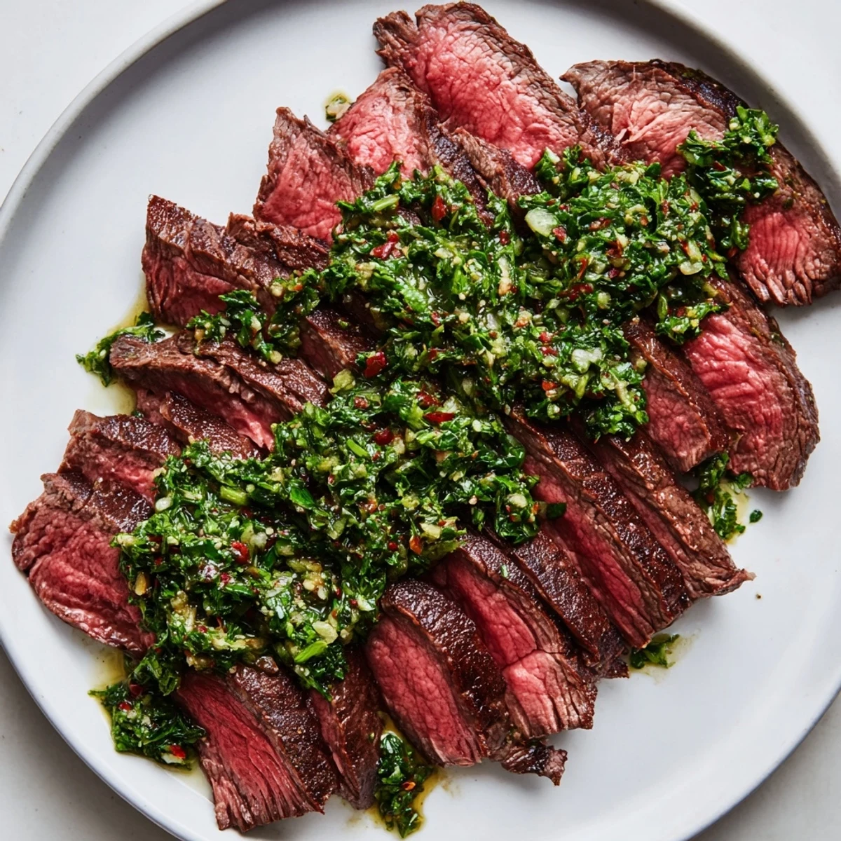 Sizzling ribeye steak rests with a glossy, herby chimichurri sauce for Date Night Steak with Chimichurri.