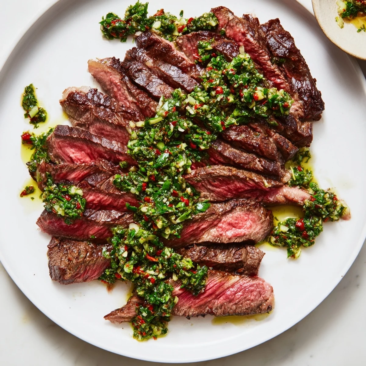 Perfectly seared Date Night Steak with Chimichurri slices open to pink, juicy medium-rare tenderness.