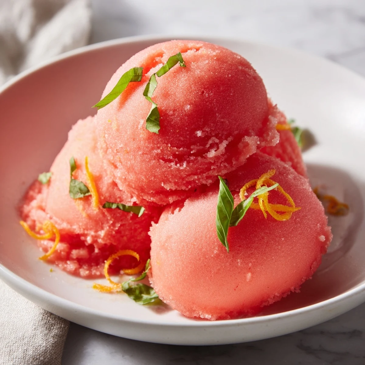 Scoops of Pink Grapefruit Sorbet with Basil topped with zest, ready for a refreshing summer dessert.