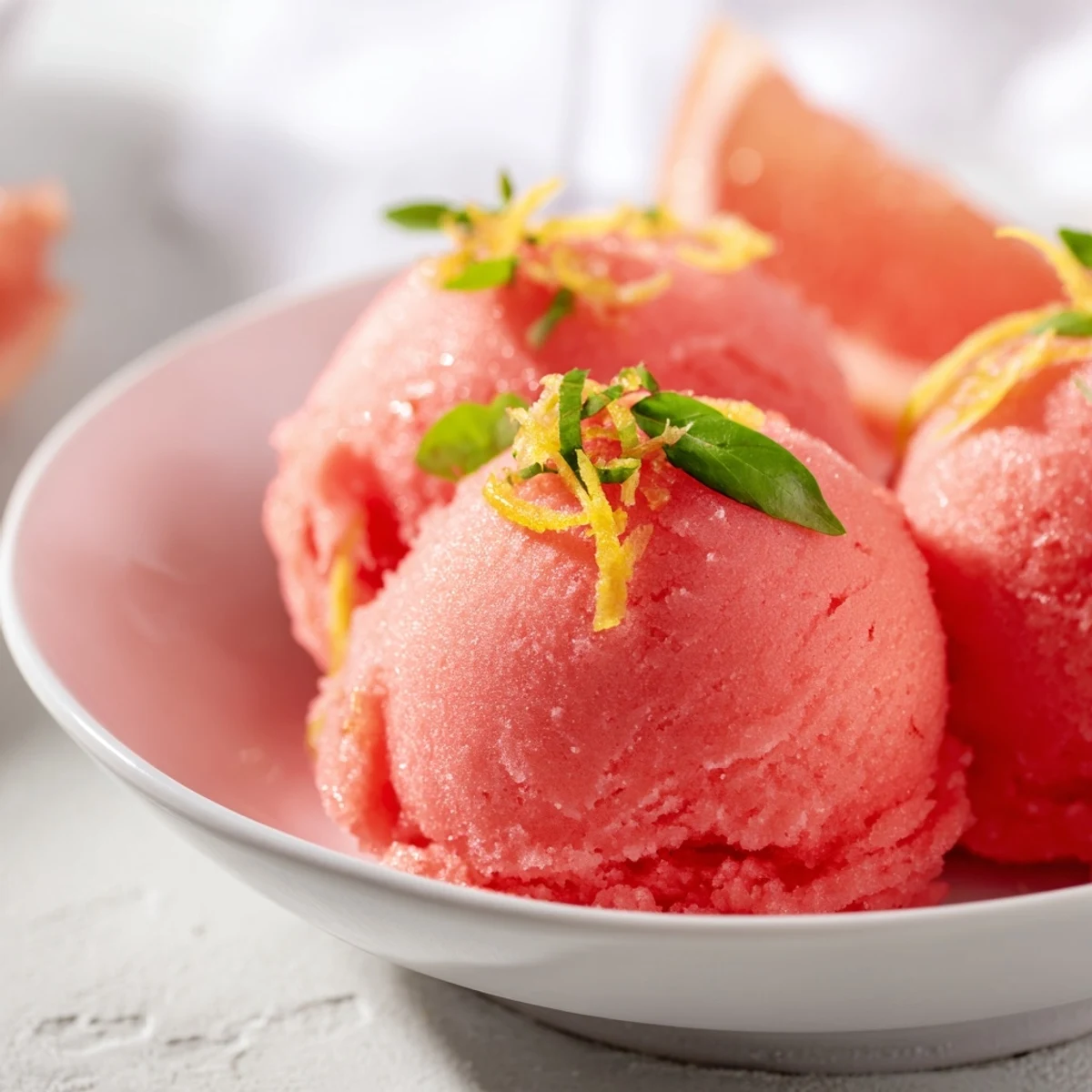 Chilled scoops of Pink Grapefruit Sorbet with Basil served in a clear glass bowl, garnished with fresh basil.