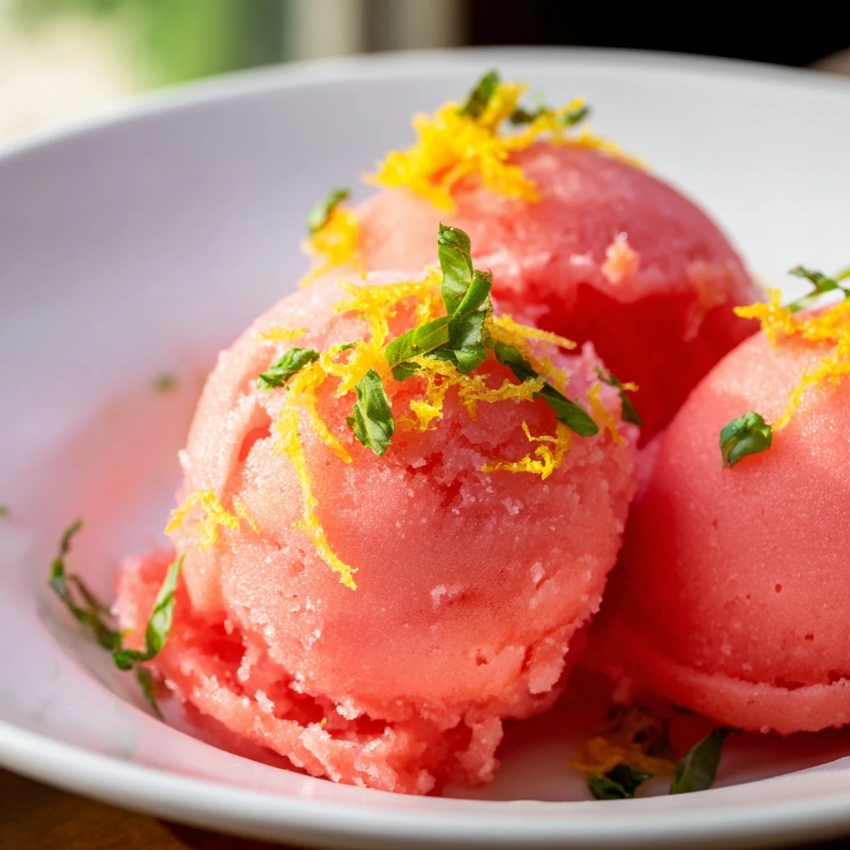 A scoop of Pink Grapefruit Sorbet with Basil in a glass dish, topped with a fresh herb leaf.