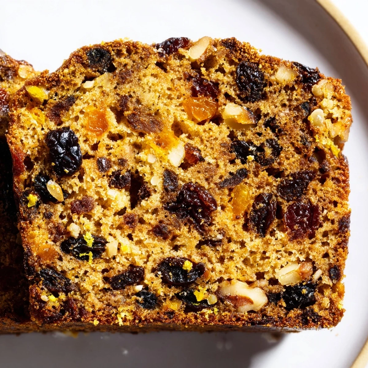 Freshly baked Irish Tea Cake with plump dried fruit and zesty lemon peel on a wooden board.