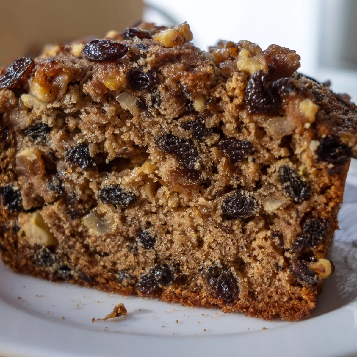 Golden-brown Irish Tea Cake with warm spices and soaked dried fruit, served on a plate.