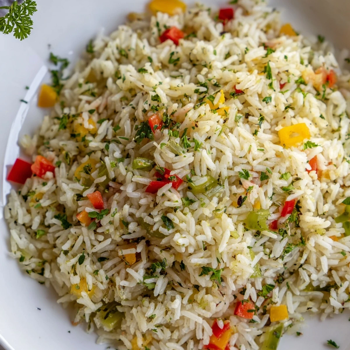 A close-up of Creole Rice Pilaf with Peppers and Onions, showing fluffy, golden rice mixed with vibrant red and green bell peppers and sautéed onions.