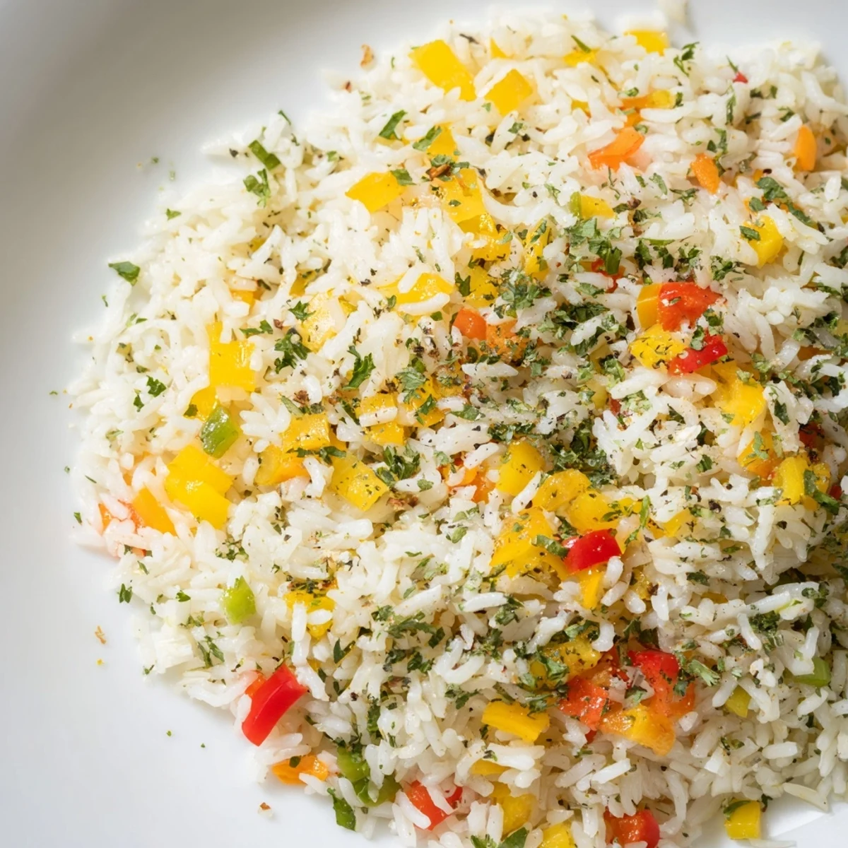 An overhead shot of Creole Rice Pilaf with Peppers and Onions, garnished with fresh chopped parsley and a bay leaf, ready to be served.