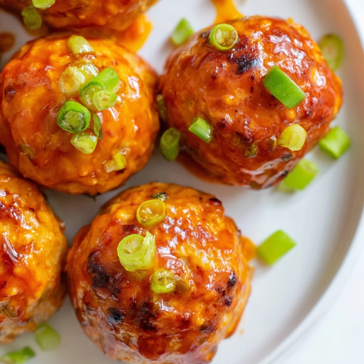 Freshly baked Touchdown Buffalo Chicken Meatballs glisten with spicy orange sauce on a platter with crisp celery sticks.