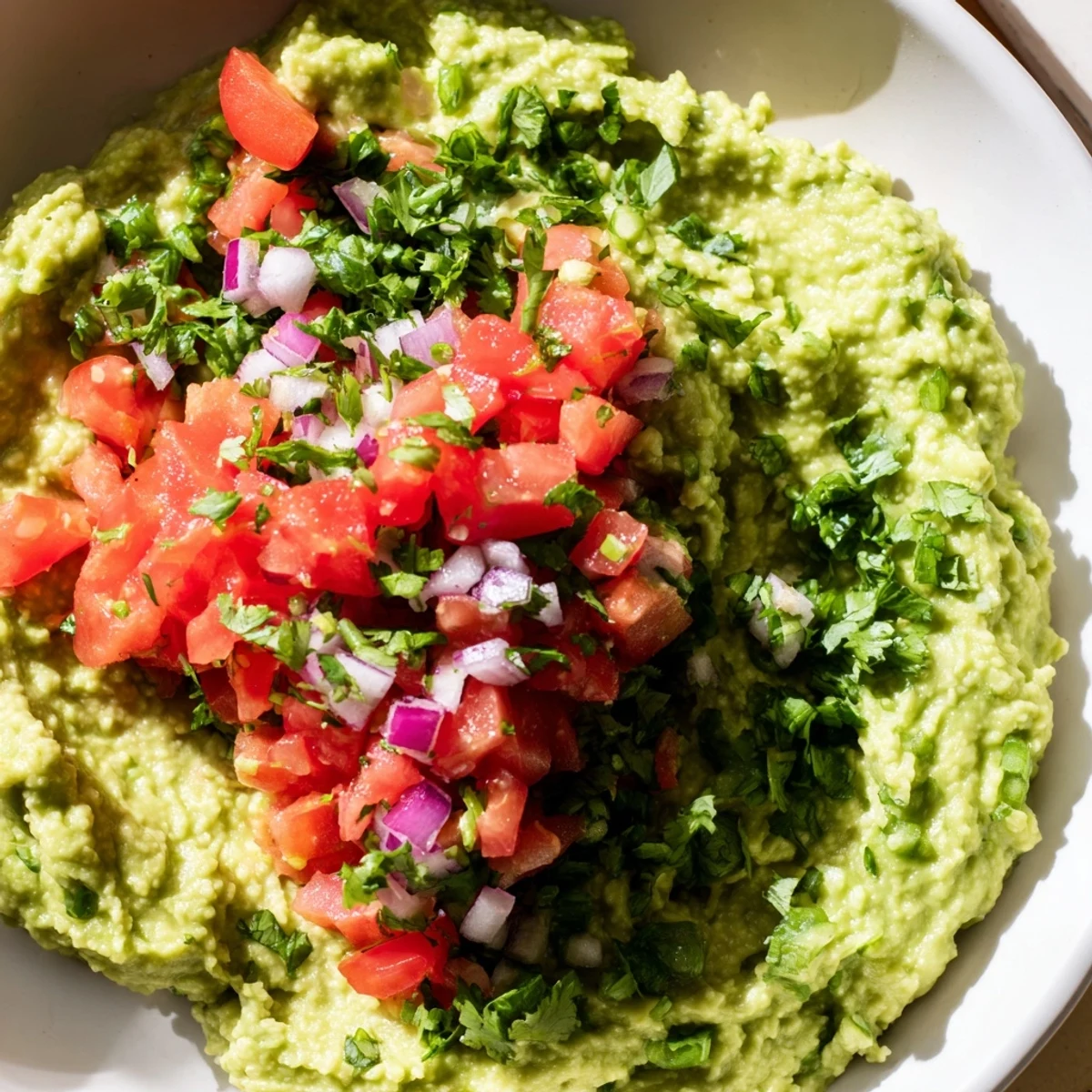 Creamy Super Bowl Guacamole with Pico de Gallo topped with vibrant diced tomatoes, onions, and cilantro for a fresh, spicy finish.