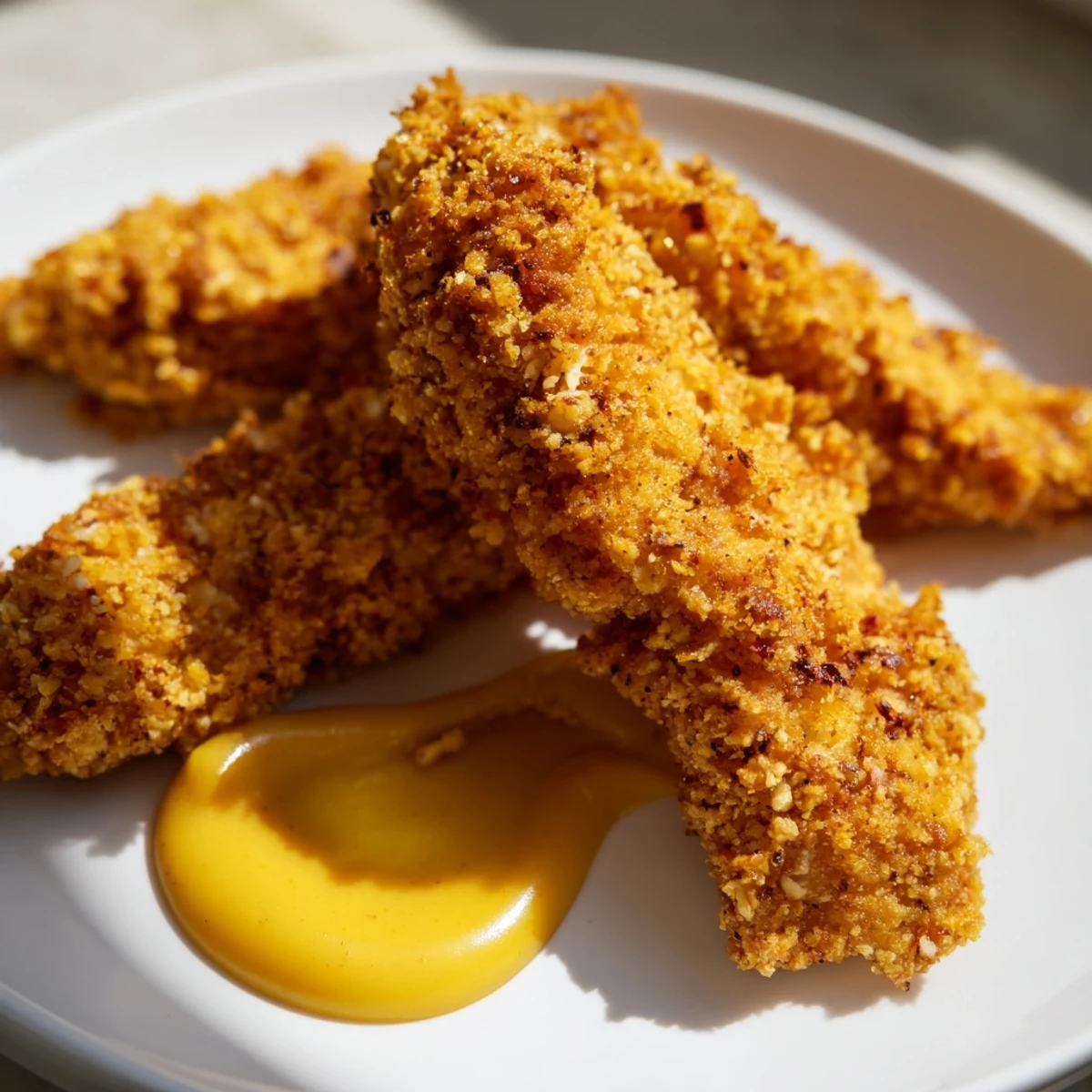 Golden-breaded Chicken Tenders with Honey Mustard on a plate with lemon wedges and fresh parsley.