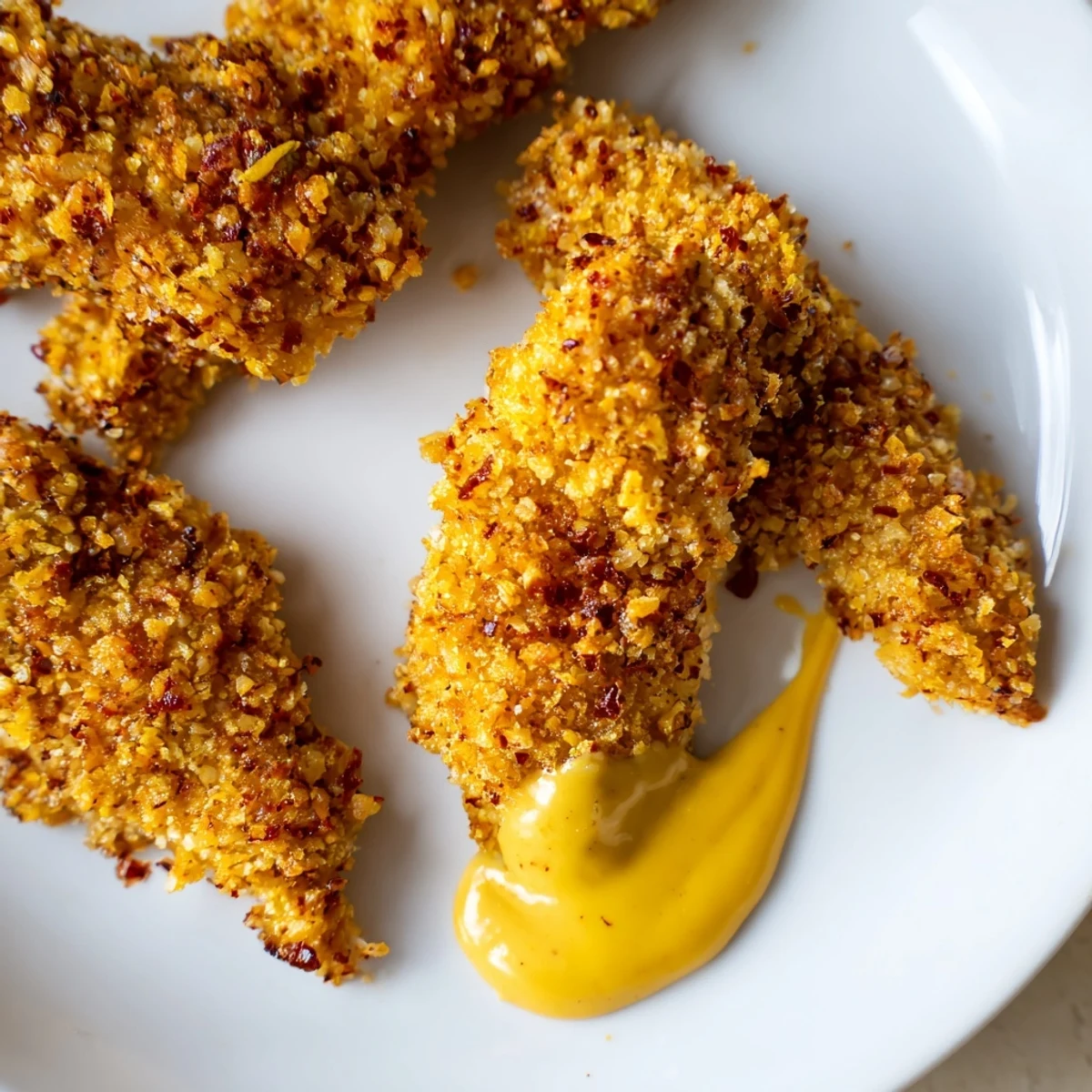 Freshly fried Chicken Tenders with Honey Mustard served on a rustic board with a colorful salad.