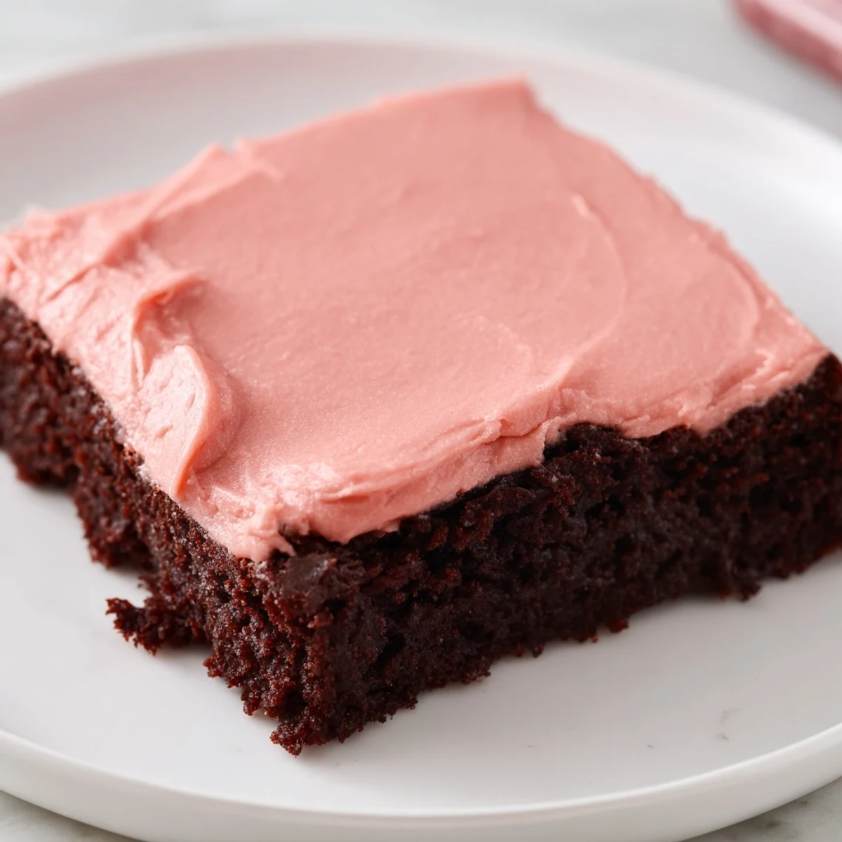 Freshly frosted brownies with pink frosting sit on a cooling rack, frosting slightly swirled.