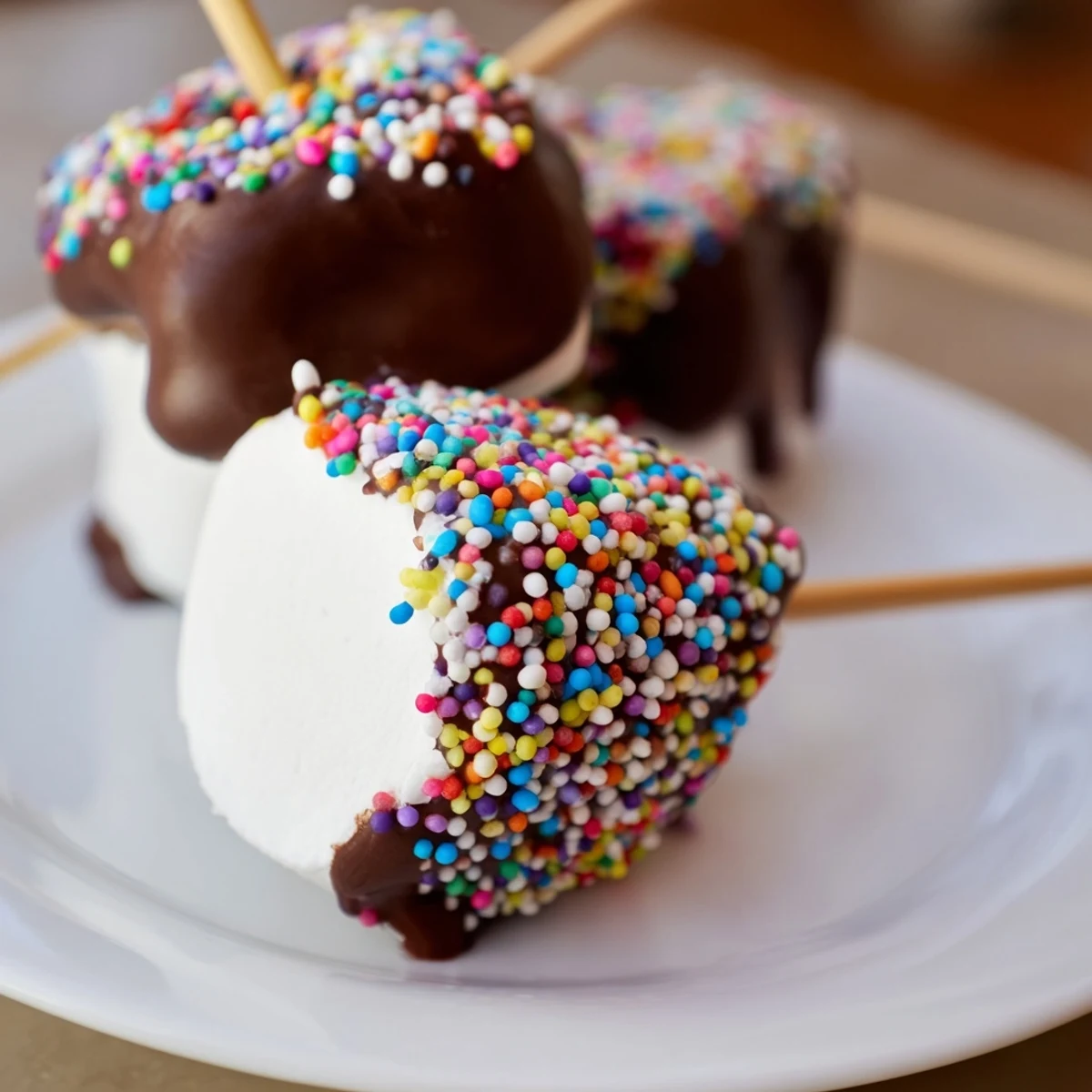 Dipped Marshmallows with Sprinkles displayed on a wooden board with colorful party napkins.